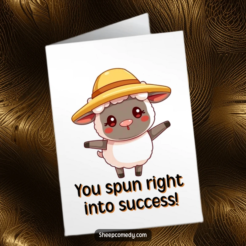 Funny Free Printable Congrats Card: A happy sheep sporting a tiny straw hat is captured mid-twirl.