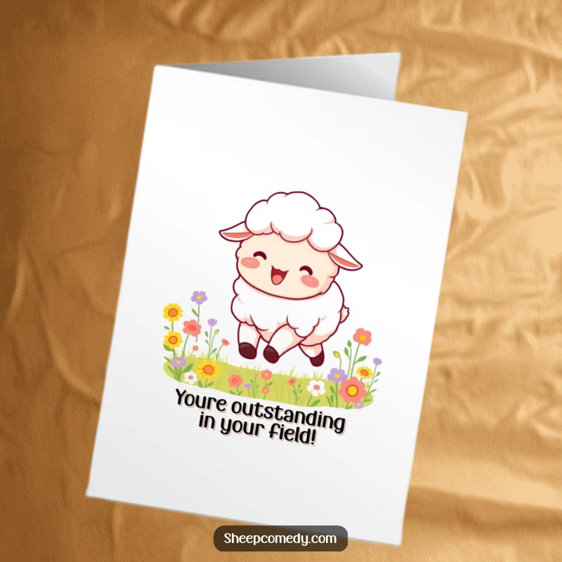 Funny Free Printable Congrats Card: A fluffy sheep leaps joyfully through a field of colorful flowers, bleating with happiness.