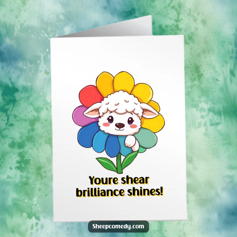 Funny Free Printable Congratulations Card: A sheep peeking cheekily from behind a colorful flower, celebrating your success.