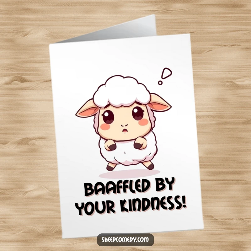 Funny Free Printable thank you card of a sheep recovering from a stumble, looking surprised and saying 'baaa'.
