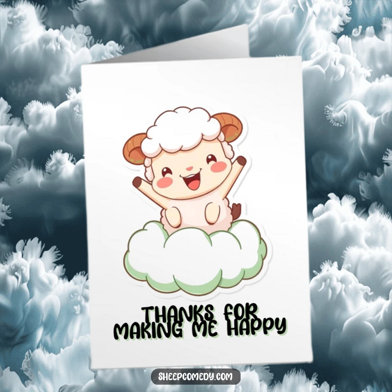 Funny Free Printable Sheep Thank You Card: Sheep joyfully bouncing on a fluffy green cloud, sending thanks.