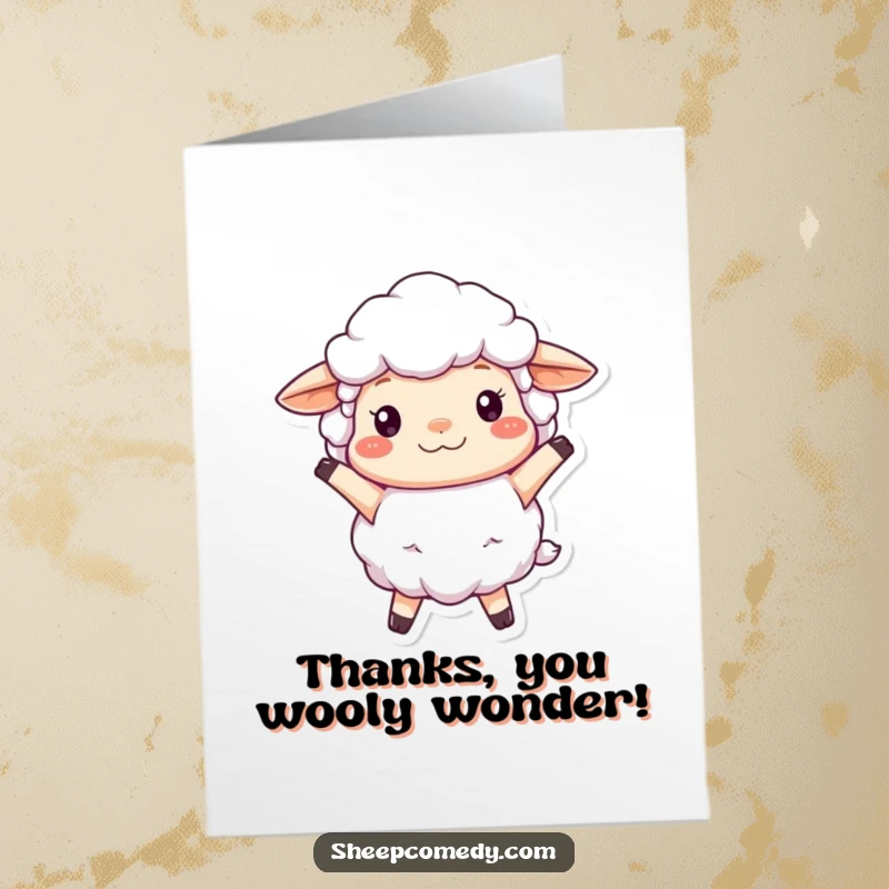 Funny Free Printable Sheep Thank You Card: A fluffy sheep character joyfully bouncing, conveying a happy and thankful message.