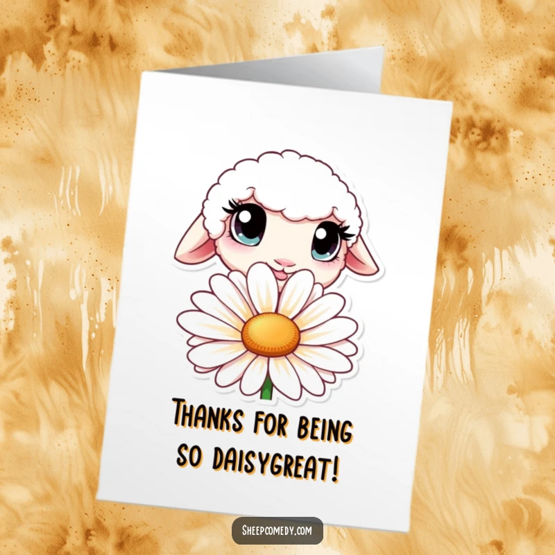Funny Free Printable Thank You Card: A sheep with oversized curious eyes peeking from behind a daisy, offering thanks. A heartwarming downloadable greeting.