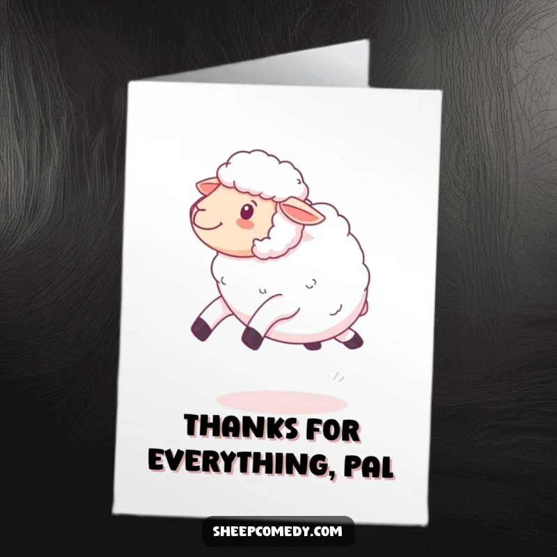 Funny Free Printable Thank You Card showing a kawaii sheep with fluffy wool, bouncing and leaping playfully, a downloadable.