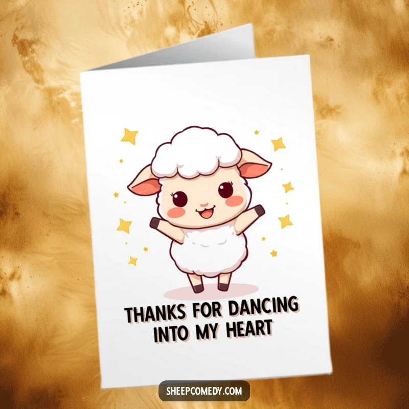 Funny Free Printable Thank You Card: A sheep wiggles with delight under a shower of stars, saying thanks.