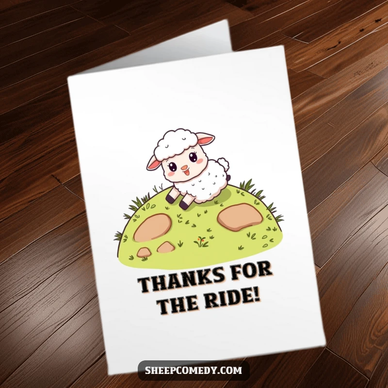 Funny Free Printable Thank You Card of a giddy sheep character sliding down a whimsical, grassy hill, full of thanks.