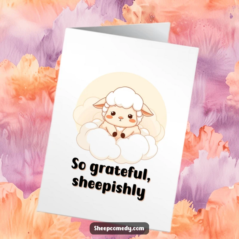 Free Printable Thank You Card of a sheep contentedly sighing while resting amongst soft, fluffy clouds.