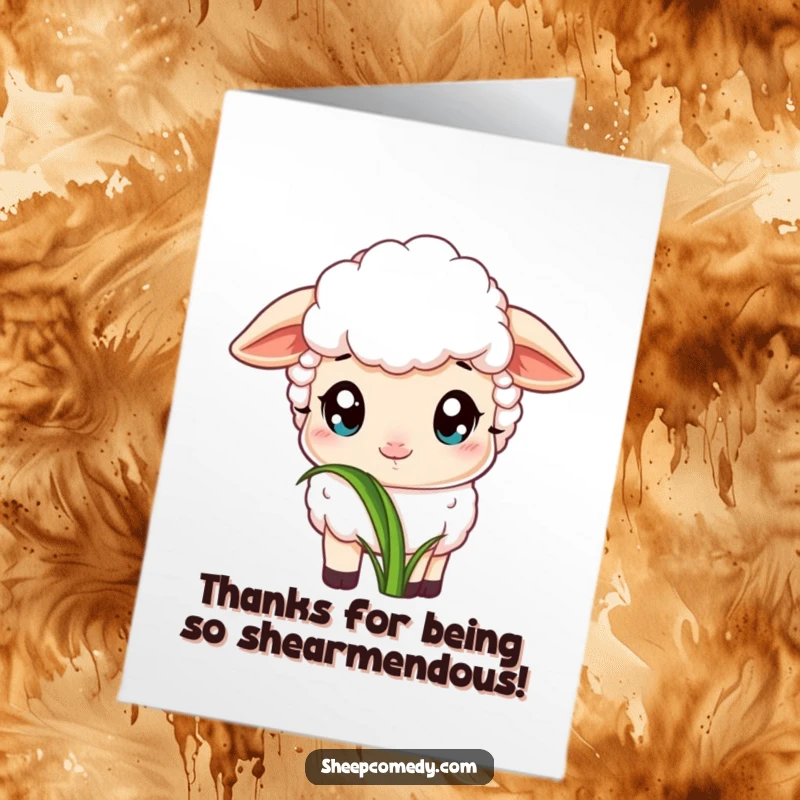 Free Printable Thank You Card: A sheep with wide, innocent eyes peacefully nibbles on a blade of grass.