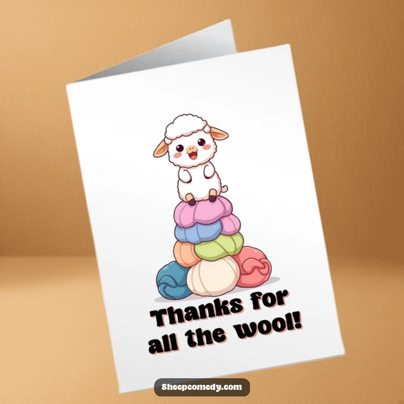 Funny Free Printable Thank You Card of a delighted sheep balancing a stack of colorful, giant wool balls, showing thanks.