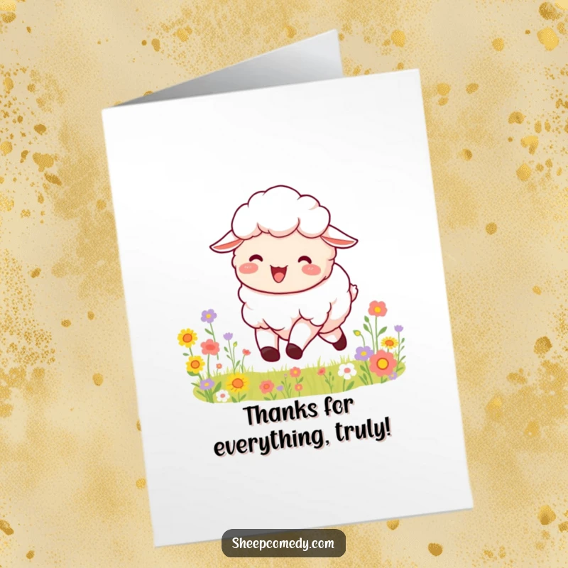Funny Free Printable Thank You Card: A fluffy sheep happily bounds through a field of colorful flowers, sending thanks.