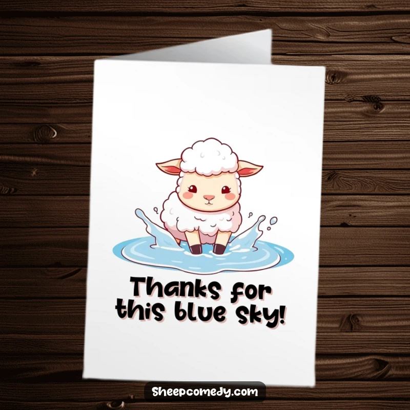 Funny Free Printable Thank You Card: Joyful sheep splashing in a bright blue sky puddle, sending thanks.