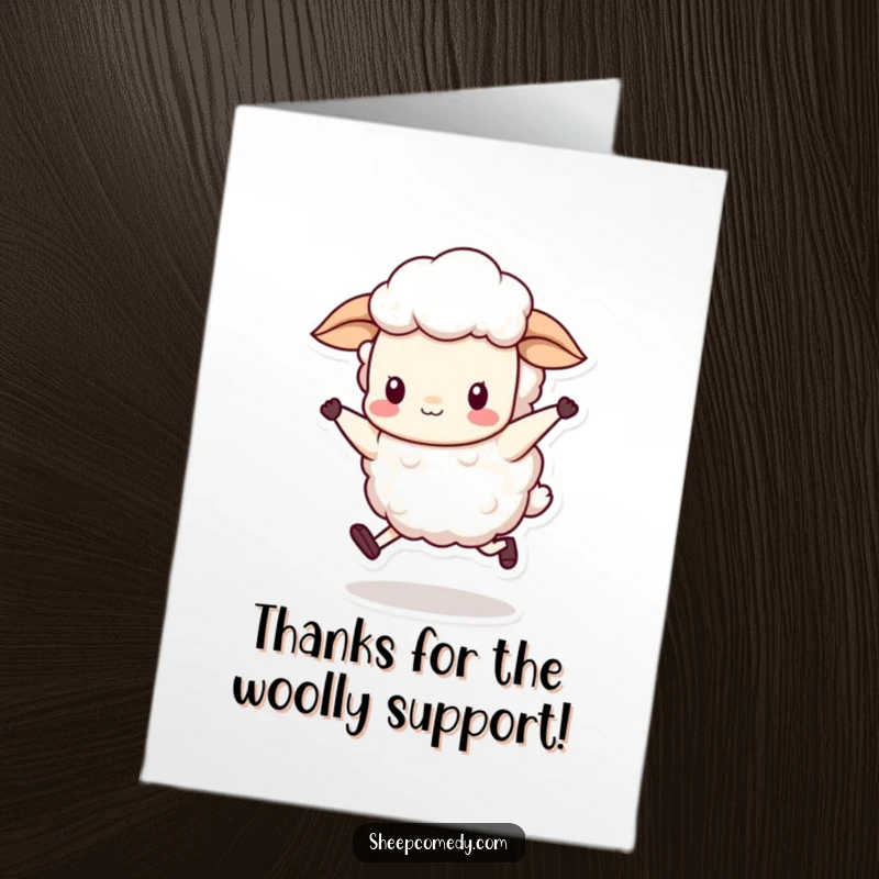 Free Printable Thank You Card: A sheep performs a silly skip, wool bobbing happily, expressing thanks.