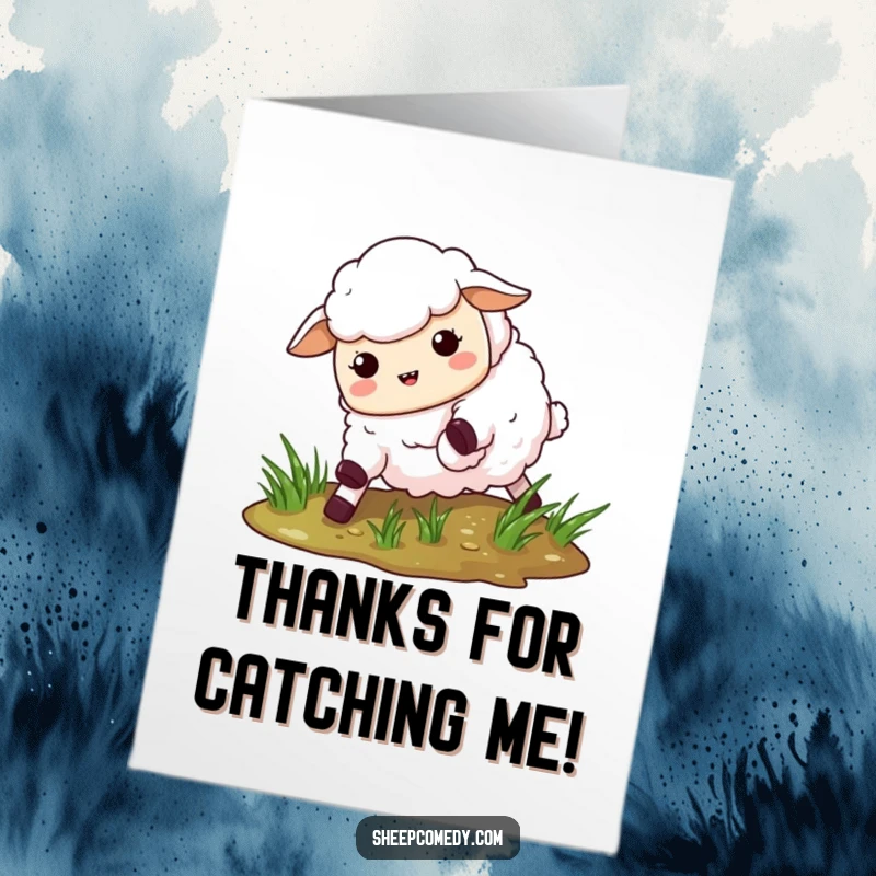 Funny Free Printable Thank You Card: A sheep comically slipping on wet grass, offering thanks with a funny twist.