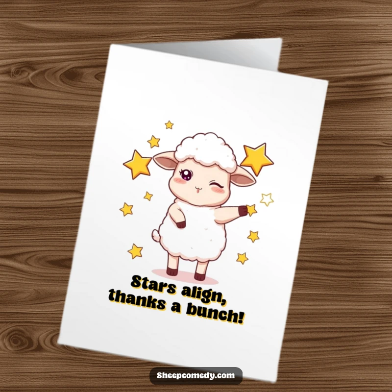 Funny Free Printable Thank You Card: A cheeky sheep juggling bright stars with a wink.