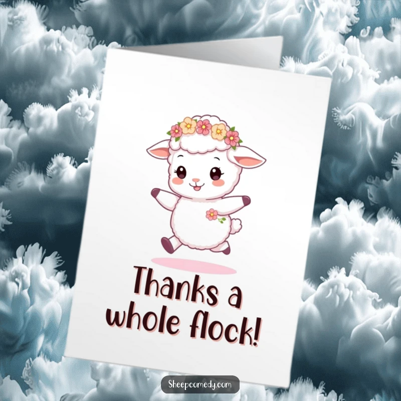 Funny Free Printable Thank You Card depicting a delighted sheep cub skipping with a flower wreath, a charming downloadable.