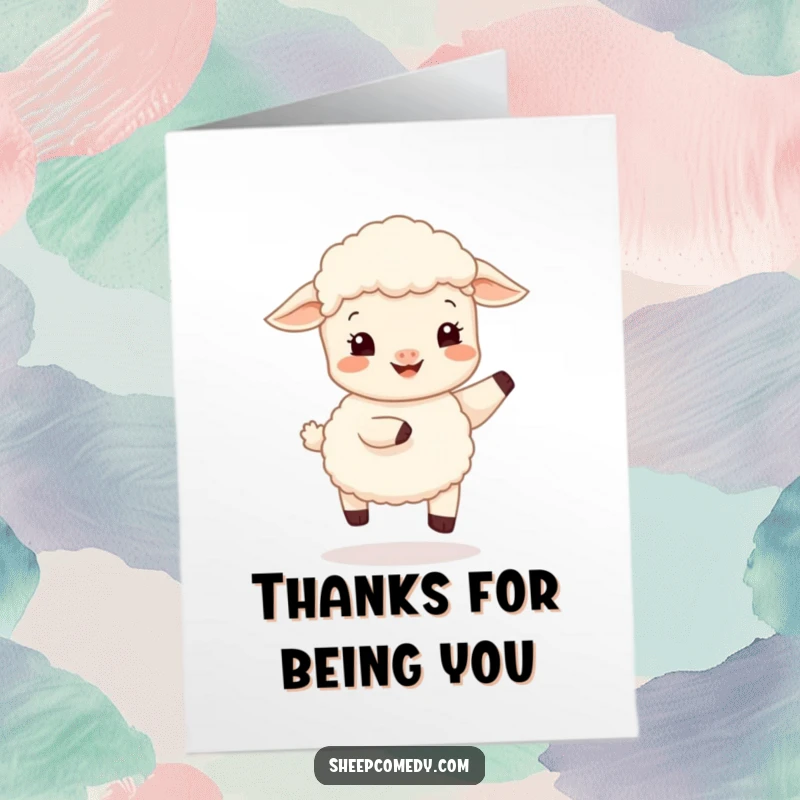 Funny Free Printable Thank You Card depicting a happy sheep cub doing a gentle, bouncy hop, a cheerful downloadable.