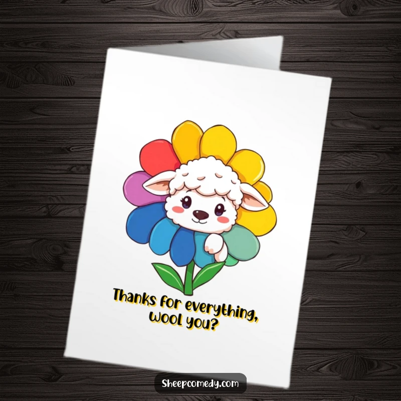 Funny Free Printable Thank You Card: A sheep curiously peeking from behind a bright flower, expressing thanks with humor.