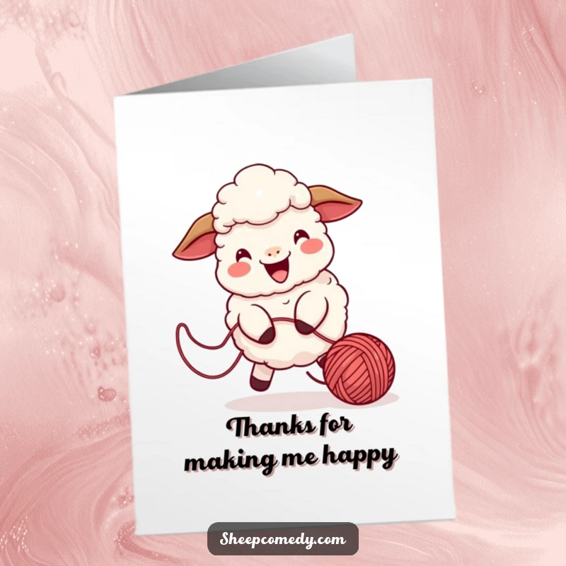 Funny Free Printable Thank You Card: A playful sheep with a cheerful bleat chasing a bouncing ball of yarn, expressing thanks happily.