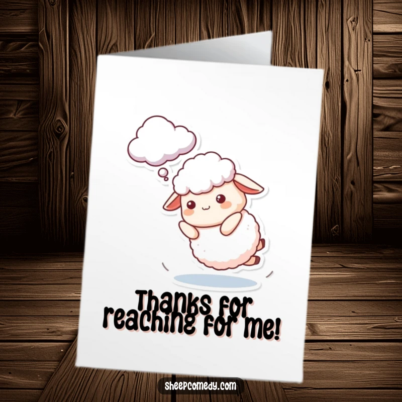 Funny Free Printable Sheep Thank You Card: A sheep character tripping playfully while aiming for a cloud, offering a humorous thank you.