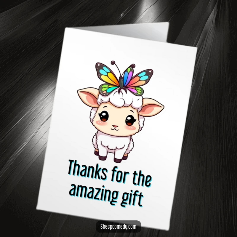Funny Free Printable Thank You Card: A sheep with a butterfly perched precariously on its head, a funny way to say thanks.