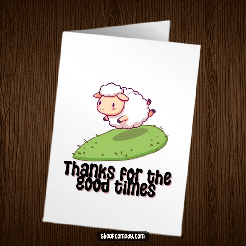 Funny Free Printable Sheep Thank You Card: Sheep energetically rolling down a grassy slope, expressing thanks.