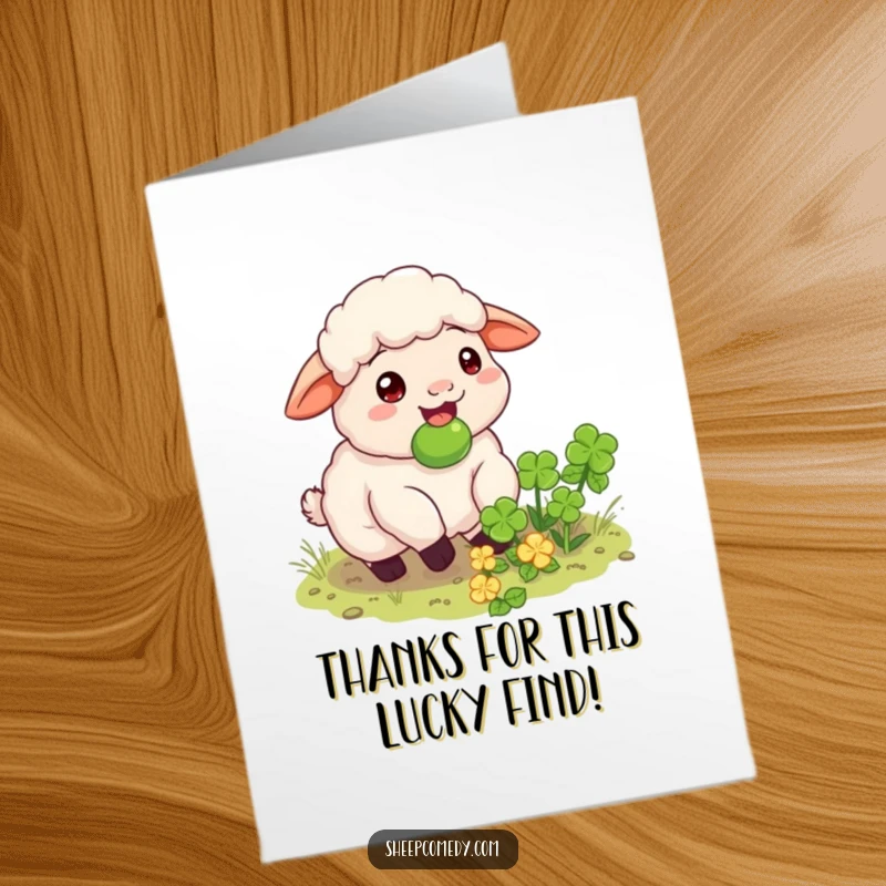 Funny Free Printable Thank You Card: A sheep happily munches on a newly discovered hidden clover patch.