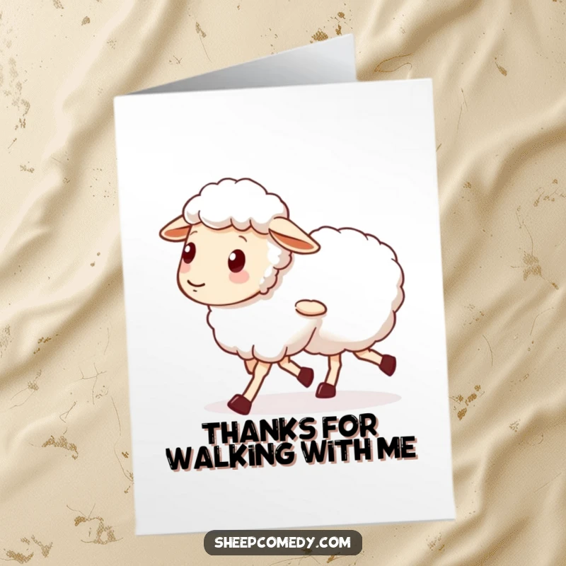 Funny Free Printable Thank You Card: A sheep with slightly wobbly legs walks companionably with a friend, expressing gratitude.
