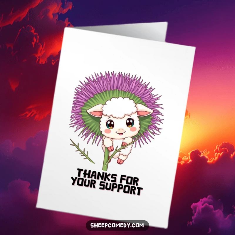 Funny Free Printable Thank You Card: A sheep with wide eyes curiously peeking from behind a blooming thistle, a sweet thank you.