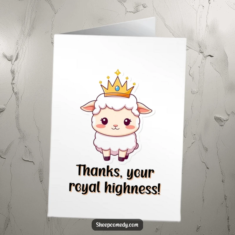 Funny Free Printable Sheep Thank You Card: A sheep balancing a sparkly crown, offering thanks with regal charm.