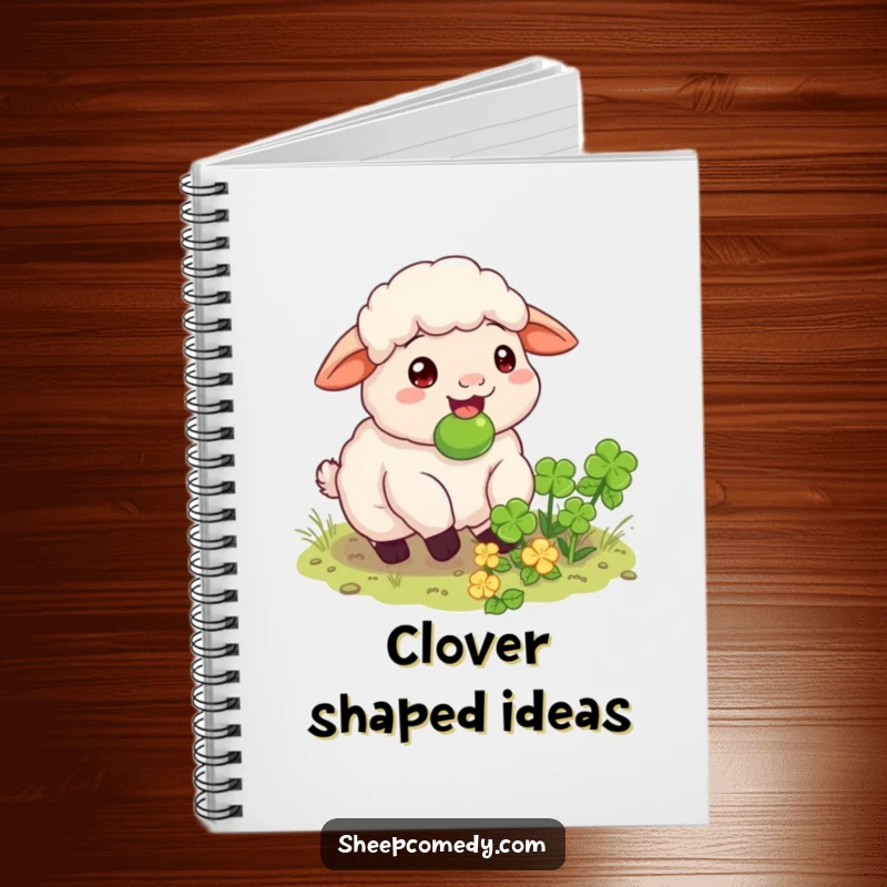 Funny sheep notebook with a happy sheep munching on a hidden clover patch, ideal for jotting down happy discoveries.