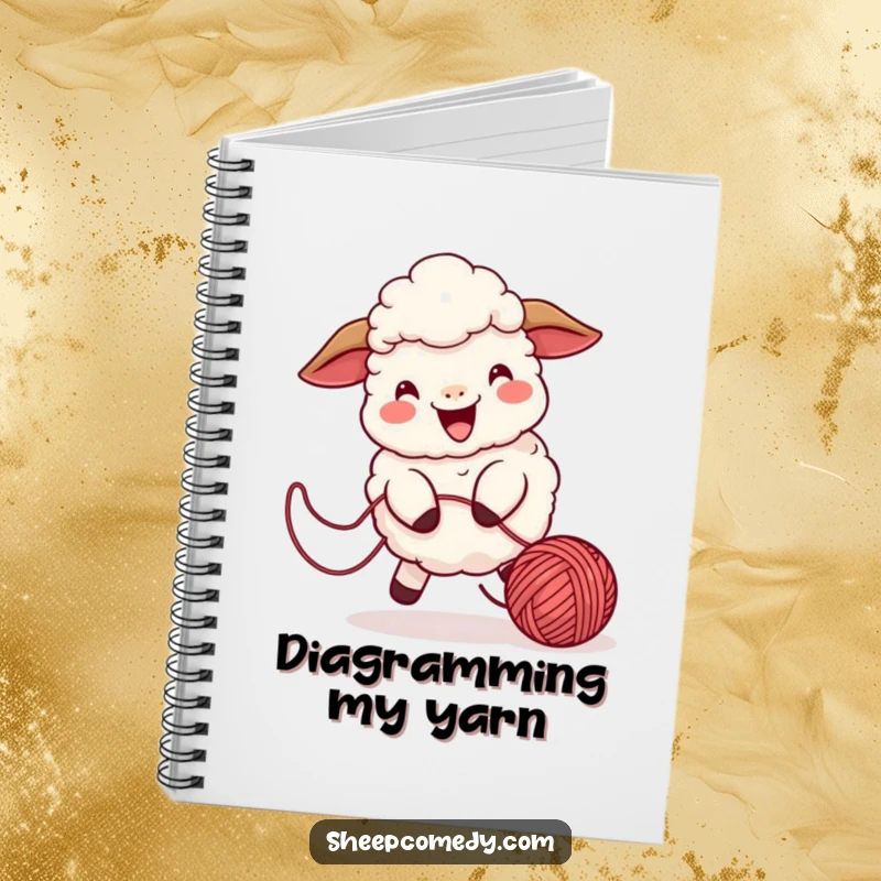 Funny sheep notebook featuring a playful character chasing a bouncing ball of yarn, ideal for jotting down fun ideas.