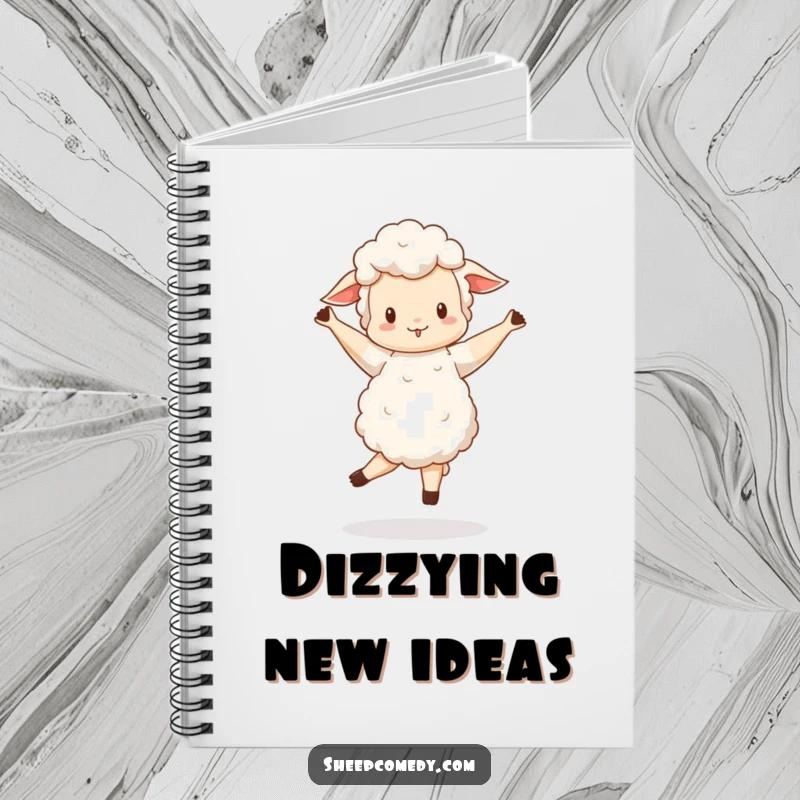 Funny Sheep notebook featuring a sheep doing a wobbly, happy pirouette, great for notes.