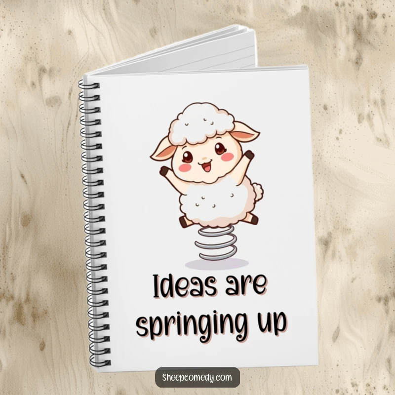 Funny Bouncing Sheep Notebook: A fluffy sheep character happily bouncing on a spring, perfect for notes and ideas.