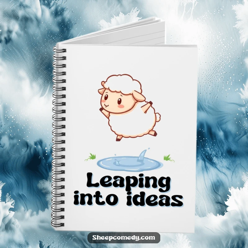 Funny sheep notebook with a determined sheep jumping over a sparkling puddle, ideal for planning and motivation.