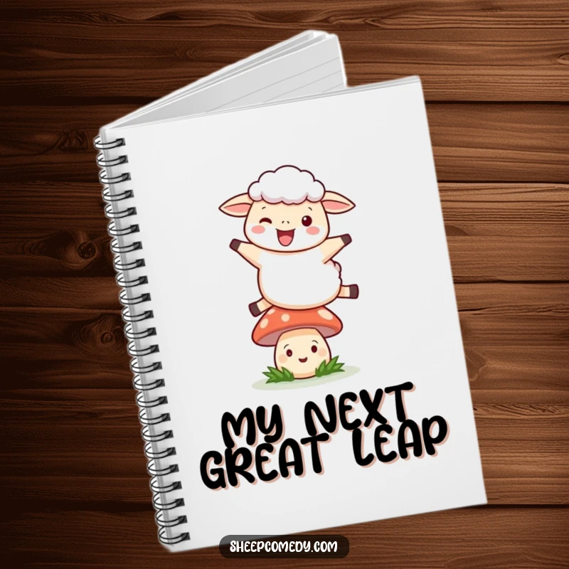 Funny Leaping Sheep Notebook: A sheep joyfully leaping over a smiling mushroom, perfect for jotting down adventures.