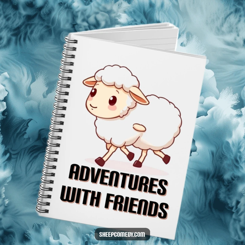 Funny notebook with a sheep character with wobbly legs walking alongside a friend, ideal for journaling about friendship and journeys.