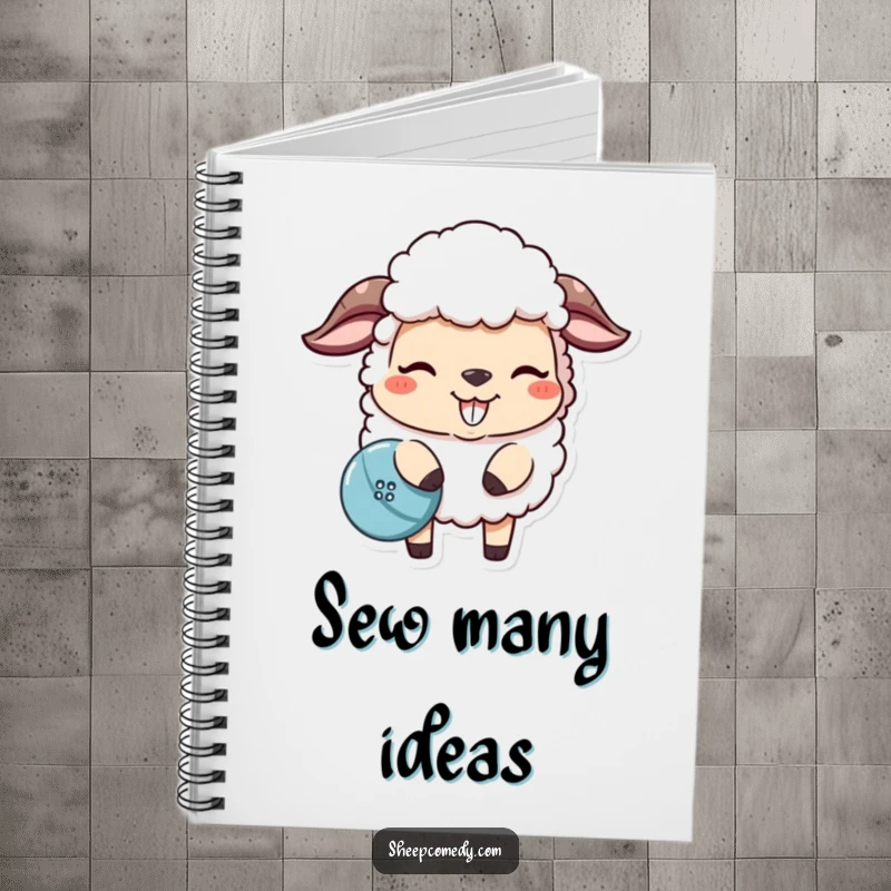 Funny sheep notebook with a mischievous sheep nudging a lost button, ideal for jotting down funny ideas.