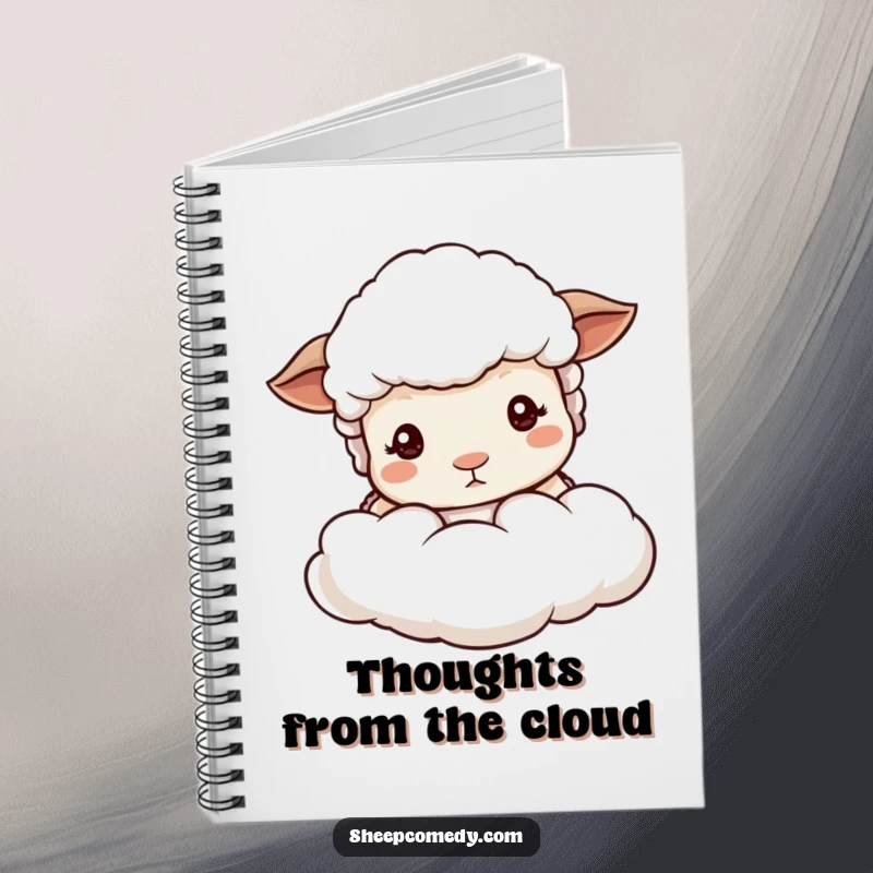 Funny sheep peeking notebook, featuring a sheep with mild eyes peeking from a soft cloud, ideal for journaling and quiet thoughts.