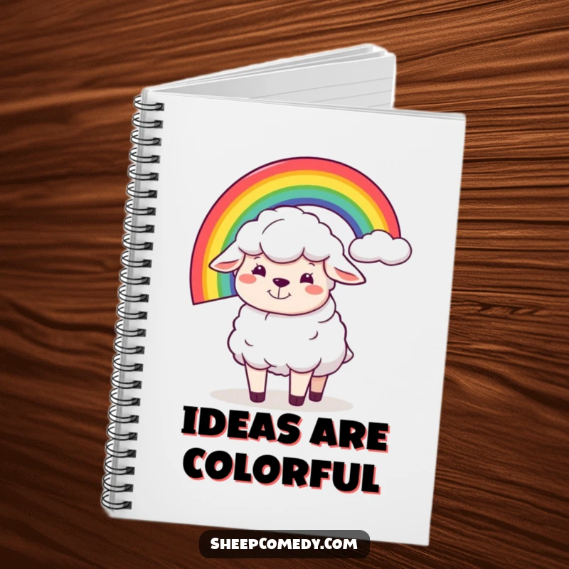 Funny notebook featuring a sheep character with a silly grin, humorously balancing a rainbow, perfect for journaling with a touch of whimsy.