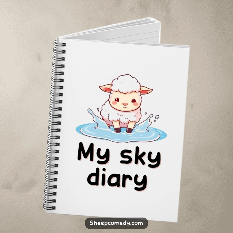 Funny notebook featuring a sheep character playfully splashing in a puddle of bright blue sky, perfect for journaling with imaginative flair.