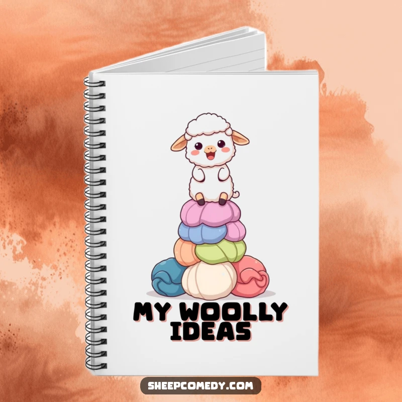 Funny notebook featuring a delighted sheep balancing a stack of colorful, giant wool balls, ideal for notes, project planning, and creative ideas.