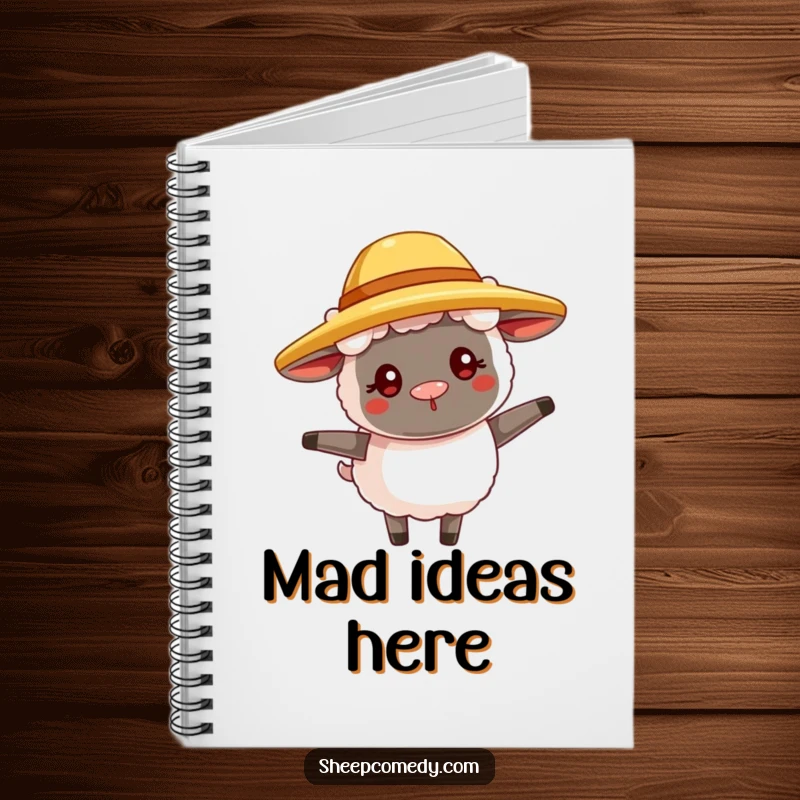 Funny sheep notebook with a goofy sheep in a straw hat, twirling happily, ideal for jotting down silly ideas.