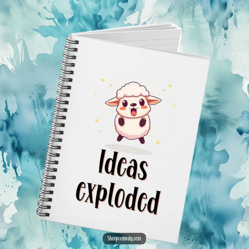 Funny notebook featuring a surprised sheep character leaping back from a bursting, sparkling pom-pom, ideal for notes, diaries, and comical thoughts.