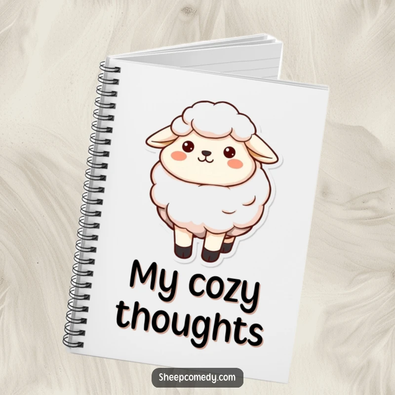 Funny sheep character with a contented smile and soft wool on the cover of this tranquil notebook.