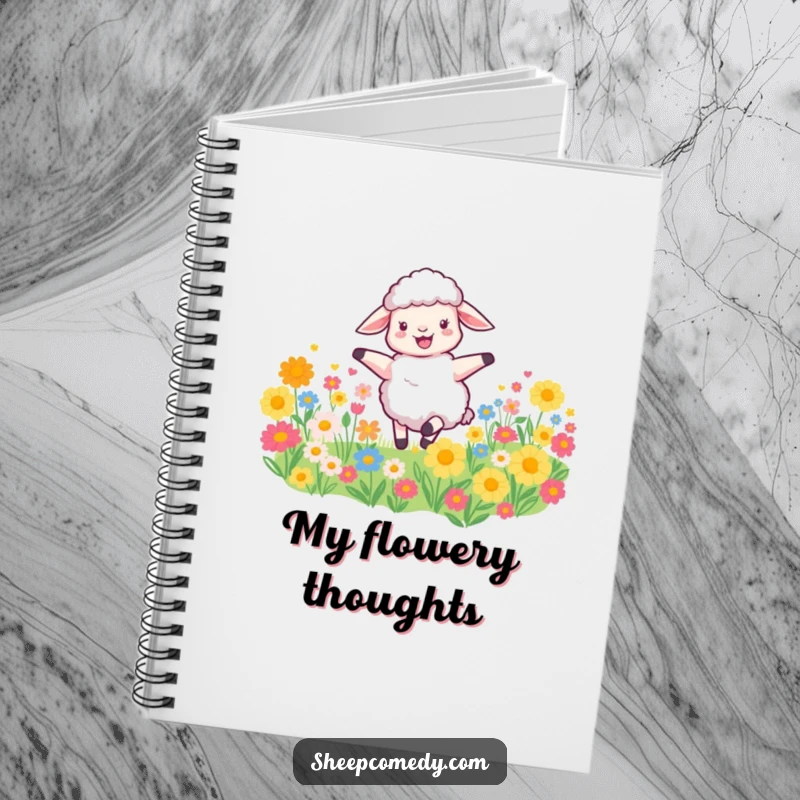Funny Sheep Notebook features a joyful sheep dancing in flowers, ideal for jotting down notes, ideas, or dreams with a cheerful, humorous twist.