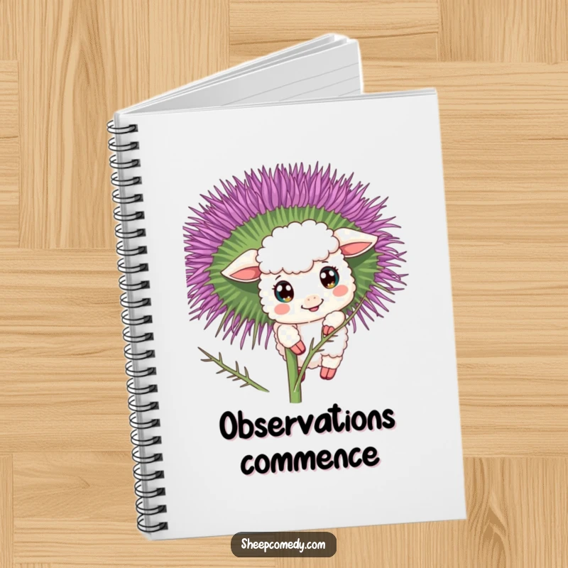 Funny sheep notebook featuring a curious character peeking from behind a thistle, ideal for jotting down inquisitive thoughts.