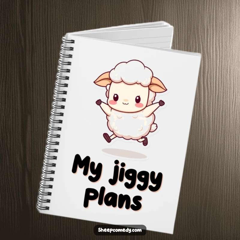 Funny sheep character doing a silly skip with rhythmic wool bobbing on the cover of this playful notebook.