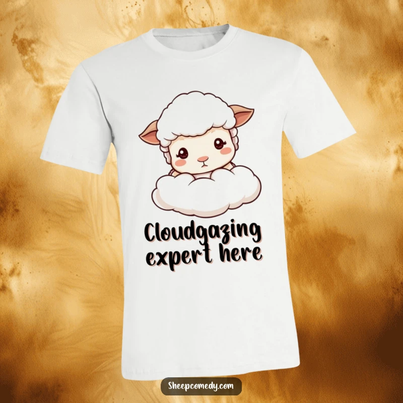 Funny sheep t-shirt design, showing a cute sheep with mild eyes, peeking from behind a soft cloud, ideal for comfort wear.