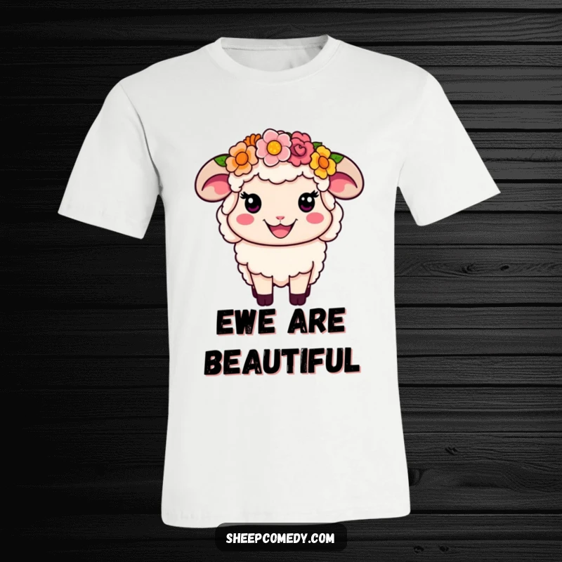 Funny Flower Crown Sheep T-Shirt: A sheep with a huge smile wearing a colorful flower crown, humorous and festive apparel.