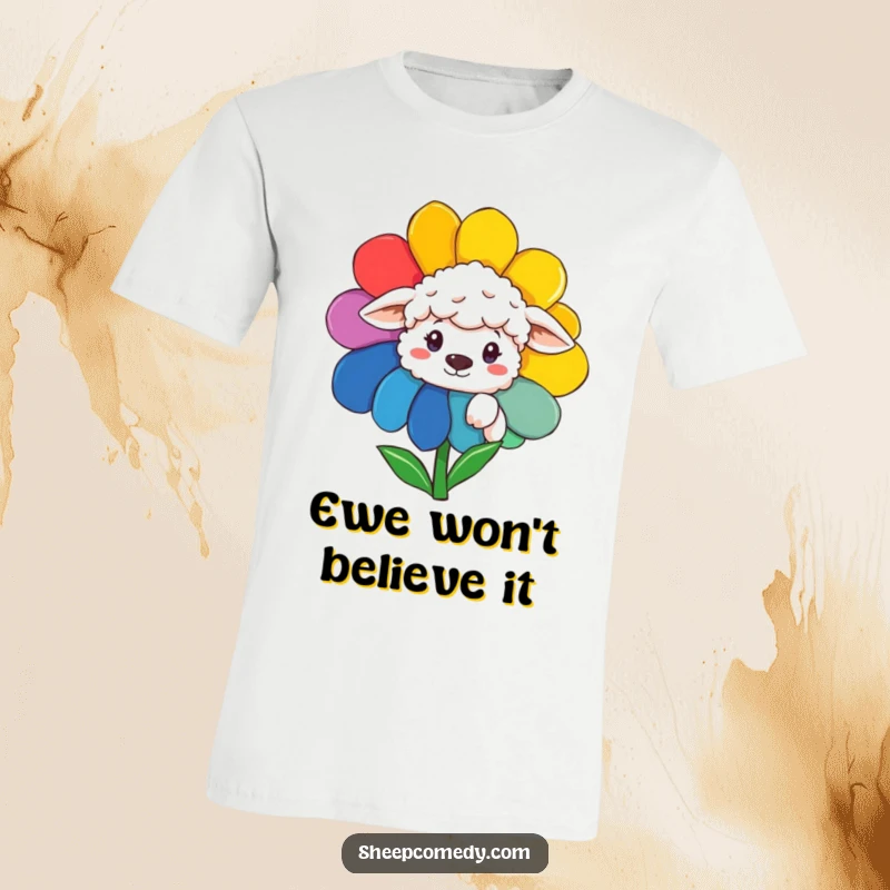 Funny Sheep T-Shirt: A cute sheep peeking from behind a colorful rainbow flower, radiating curiosity and joy.